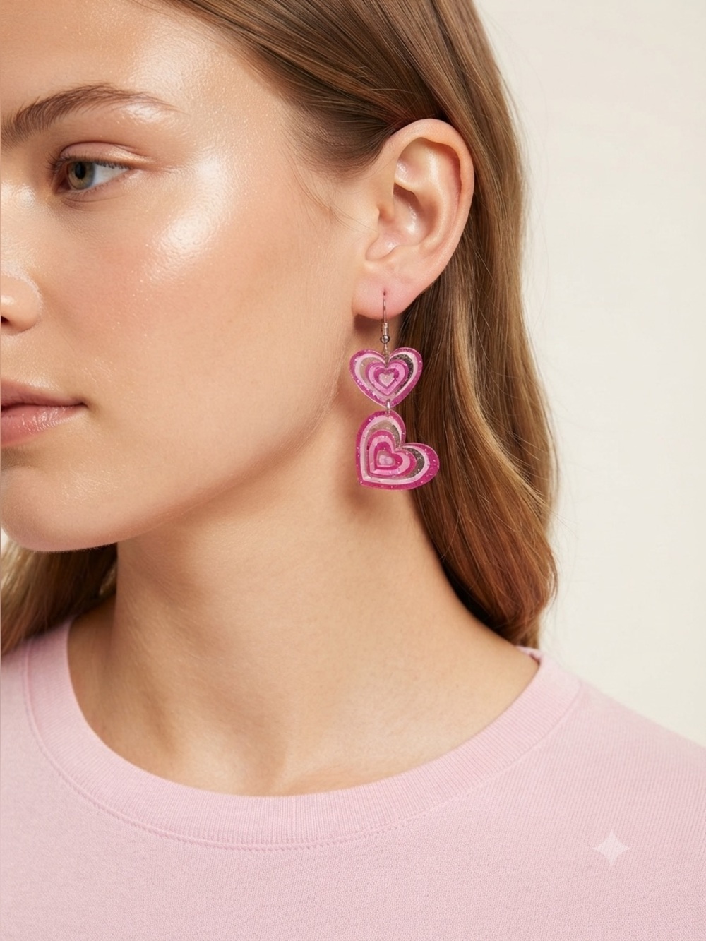 Y2K Pink Heart Earrings | Acrylic Glitter Pulsating Dangles